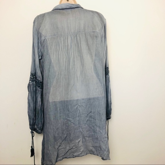 En Creme Blue Tunic Top Crochet Trim Long Sleeve Small Boho‎ Blouse - Picture 2 of 9